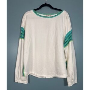 Natural Life Green Trim Sweatshirt White L XL Women's Casual Pullover